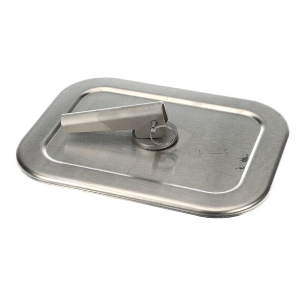 A rectangular metal drum lid assembly with a handle and no O-ring.