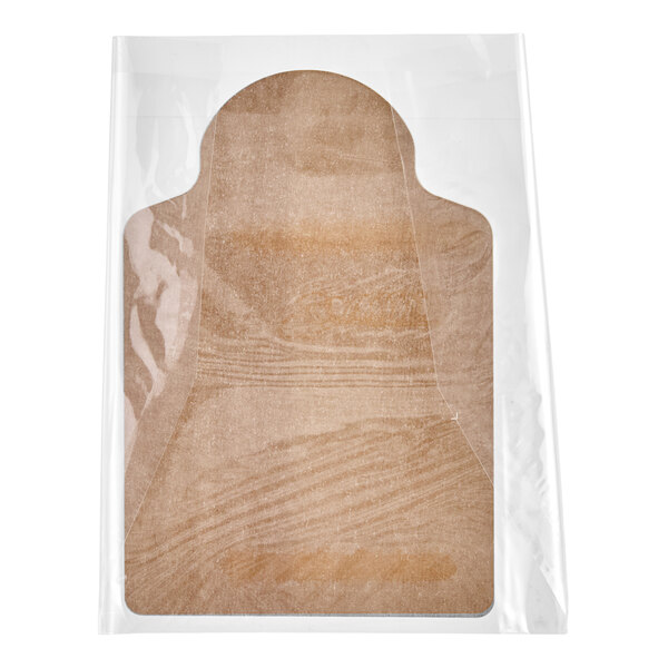 A brown paper hot sandwich take-out container with a fog-resistant film, packaged in a clear plastic sleeve.