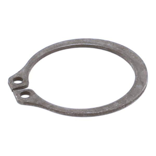A small metal clip ring with two holes at the ends, typically used for securing components in machinery.