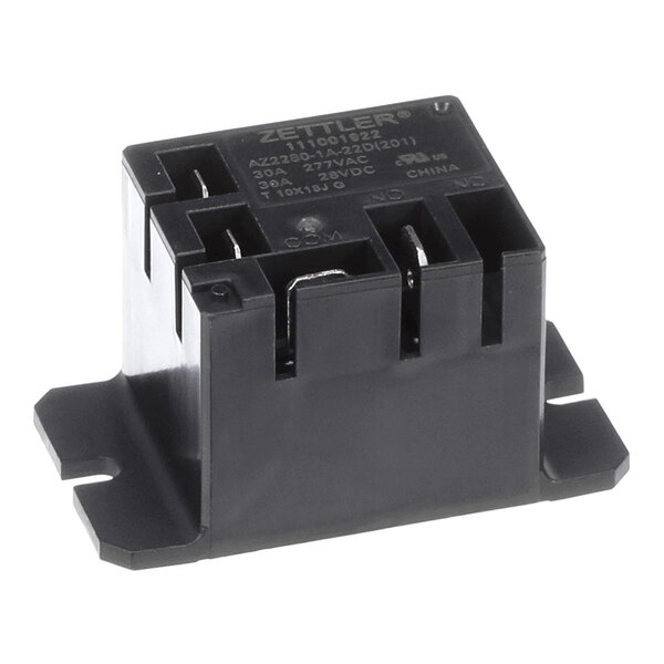A black relay heater component with multiple metal terminals and mounting flanges, labeled with technical specifications.