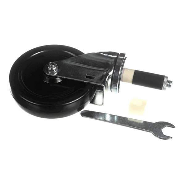 A 5-inch resilient swivel caster wheel with a metal mounting bracket and included wrench.
