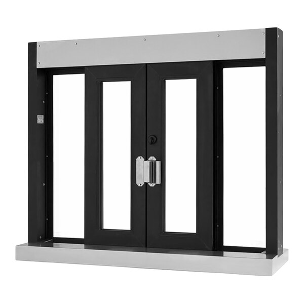 A black and silver drive-thru window with double glass doors and a metal frame.