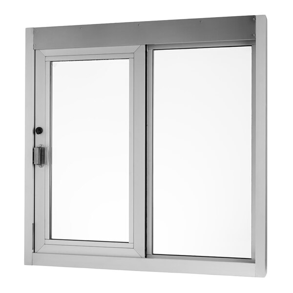 A rectangular aluminum sliding transaction window with clear glass panels.