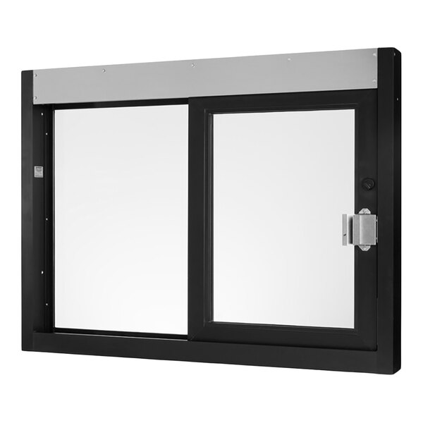 A rectangular black-framed sliding transaction window with a lock and clear glass panels.