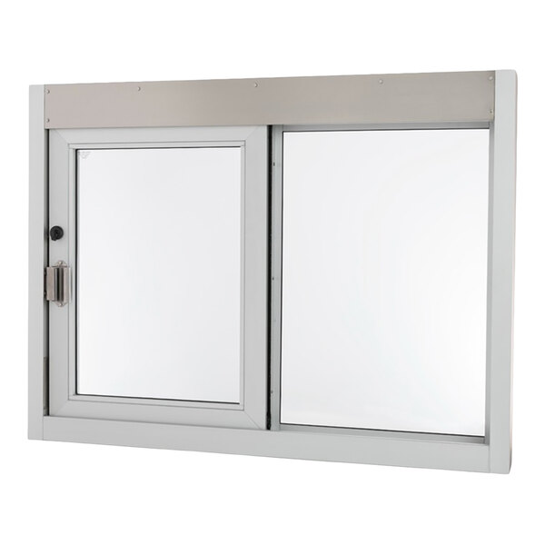 A rectangular clear drive-thru window with a sliding panel and lock mechanism.