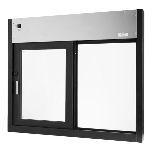 A black and silver automatic drive-thru window with clear glass panels.