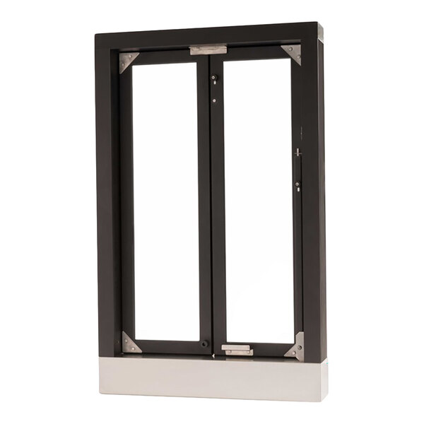 A rectangular bi-fold drive-thru window with a black frame and clear glass panels.
