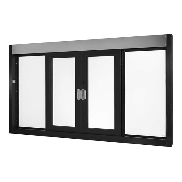 A large rectangular black-framed pass-through window with four glass panels and a central handle.