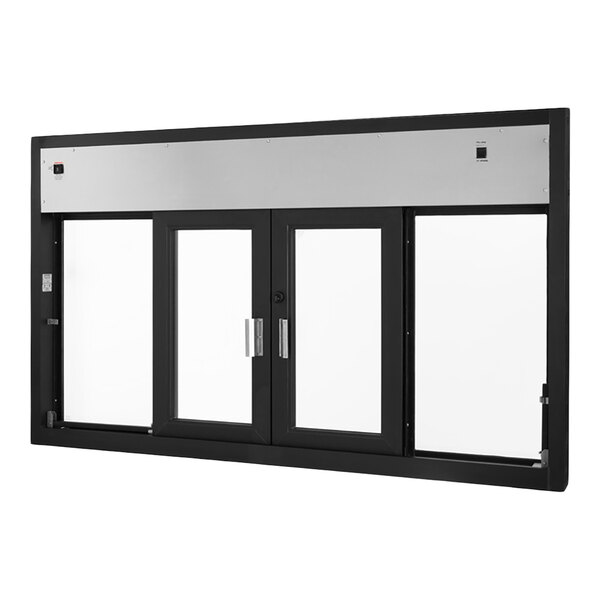A large rectangular automatic drive-thru window with a black frame and clear glass panels.