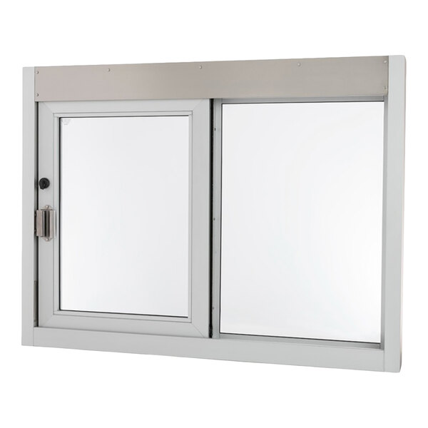 A rectangular clear sliding drive-thru window with a lock and aluminum frame.