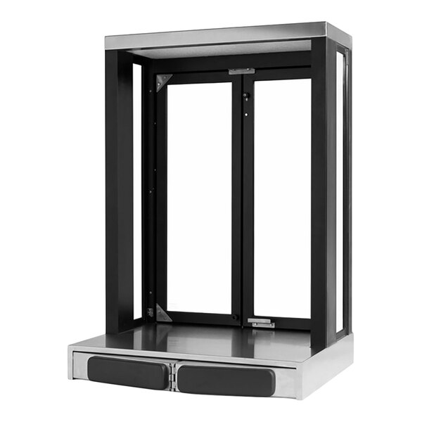 A rectangular drive-thru window with a black frame and sliding glass panels.