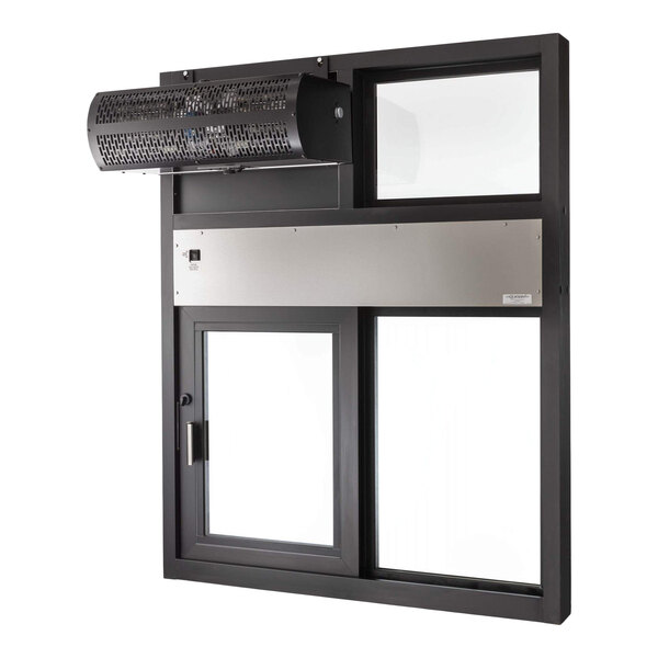 A black framed drive-thru window with a stainless steel panel and an overhead air curtain unit.