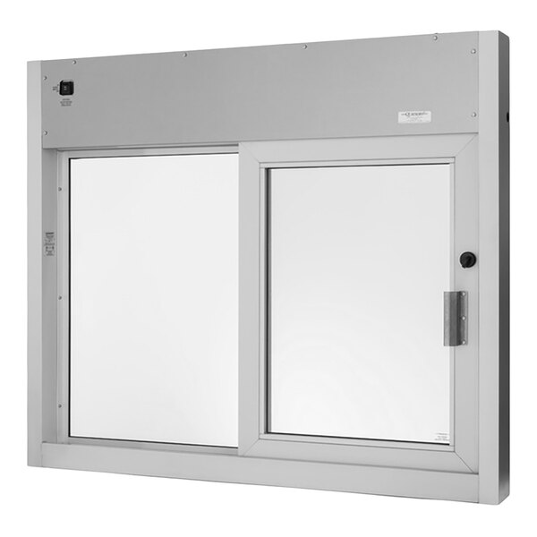 A rectangular automatic drive-thru window with a clear glass pane and a metal frame.