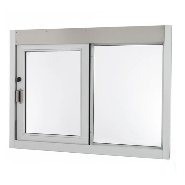 A rectangular clear drive-thru window with a sliding panel and lock, measuring 48 inches by 4.5 inches by 36 inches.