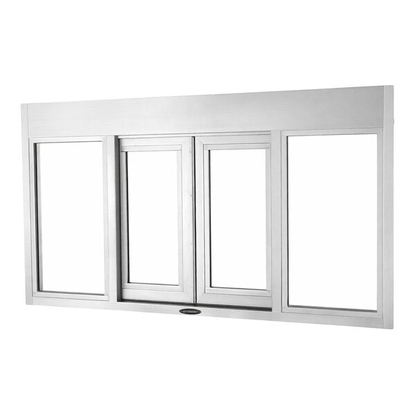 A large rectangular aluminum pass-through window with four glass panels and a sliding mechanism.