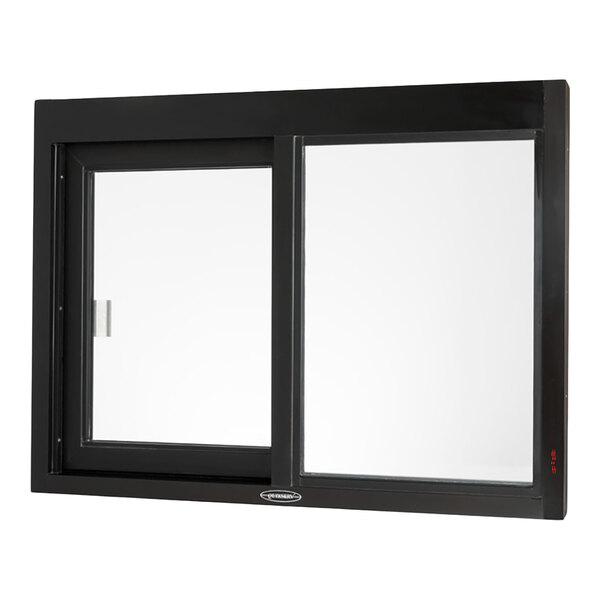 A black-framed sliding glass window with two clear glass panels.