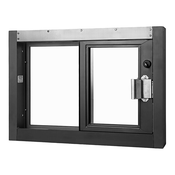 A rectangular black and silver bullet-resistant drive-thru window with a sliding glass panel and locking mechanism.