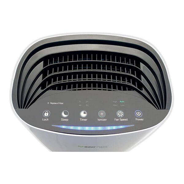 An OdorStop OSAP3600 white HEPA air purifier with activated carbon filter, cold catalyst, and ionizer, featuring a control panel with multiple function buttons.
