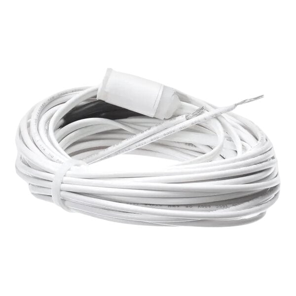 A coiled white cabinet sensor cable with exposed wire ends and a small cylindrical component attached.