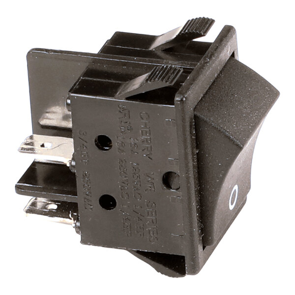A black Cherry brand rocker switch with metal prongs for electrical connections.