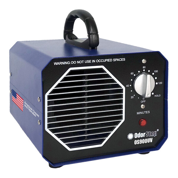 An OdorStop OS900UV ozone generator and UV air purifier with a handle and control dial on the front.