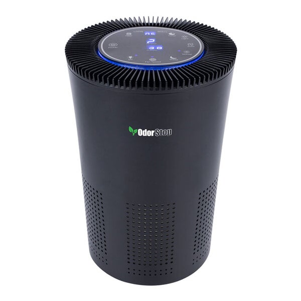 A black OdorStop OSAP5 HEPA air purifier with an activated carbon filter and UV filter.