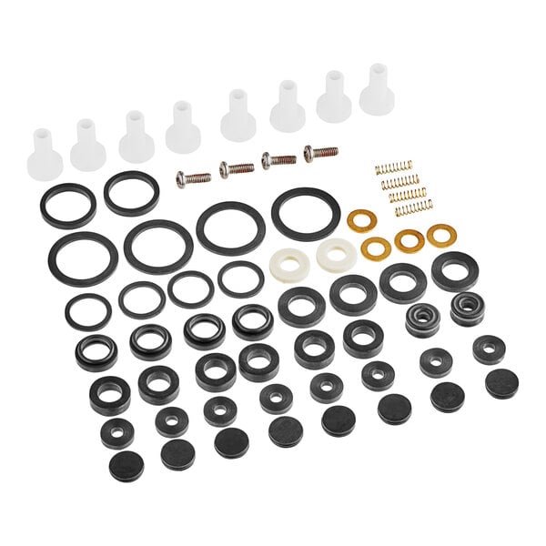 A T&S cartridge repair kit with rubber seals and washers of different sizes.