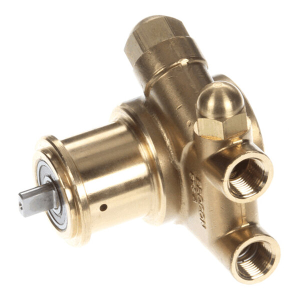 A brass rotary vane pump with multiple threaded ports and a protruding shaft.