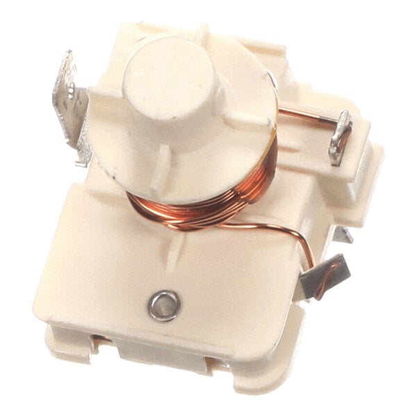 A white plastic relay compressor start component with copper wire coil and metal terminals.