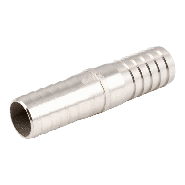 A stainless steel barbed splicer fitting for connecting 3/8 inch hoses.