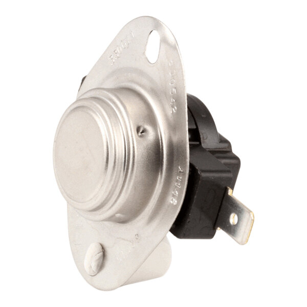 A metal and plastic reset switch with mounting holes and electrical terminals.