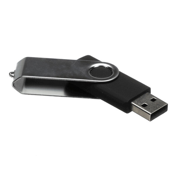A black USB flash drive with a metal swivel cover.
