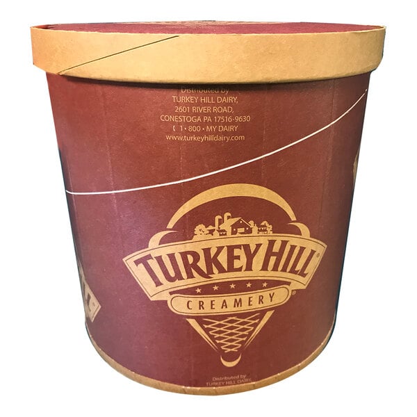 A large 3-gallon container of Turkey Hill Creamery vanilla ice cream.