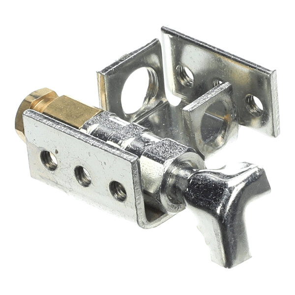 A metal pilot burner assembly with a control knob and mounting brackets.