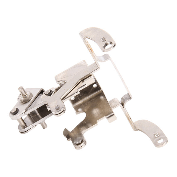 A metal drawer catch assembly with multiple mounting points and a latch mechanism.
