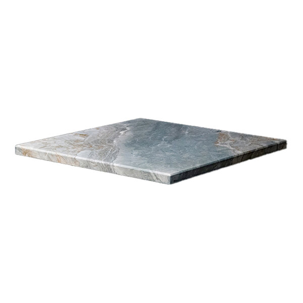 A square outdoor table top with eased edges and squared corners, made of washed stone and measuring 36 by 36 inches.