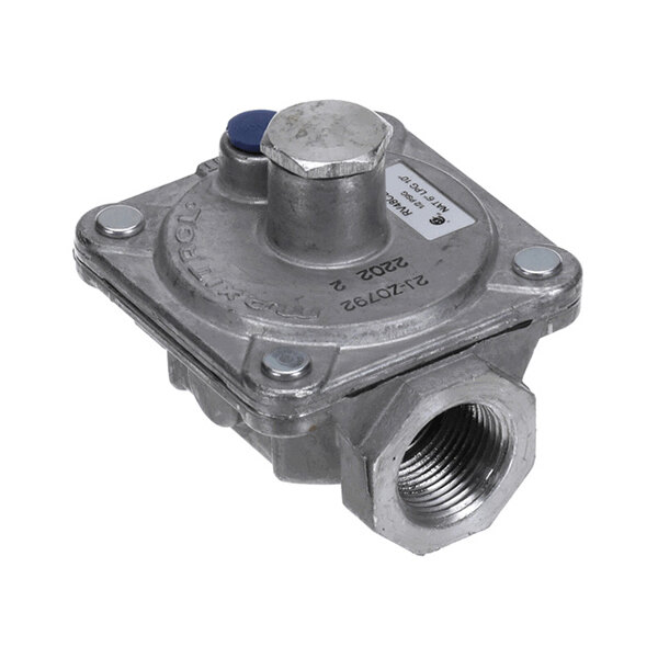 A metal gas regulator with threaded pipe fittings and a labeled top, designed for controlling gas flow.