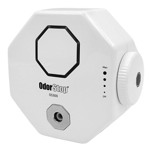 An OdorStop OS300 plug-in ozone generator air purifier with a white octagonal design and control knob.