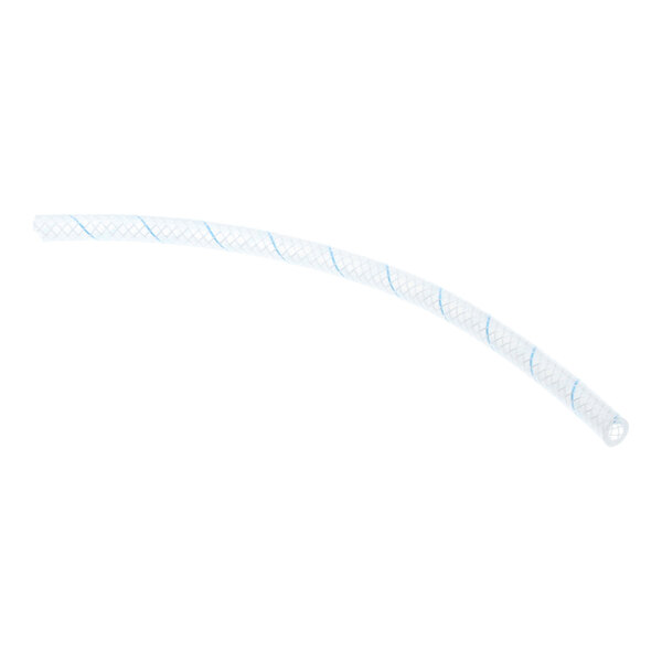 A clear braided plastic tubing with a blue spiral stripe running through it.