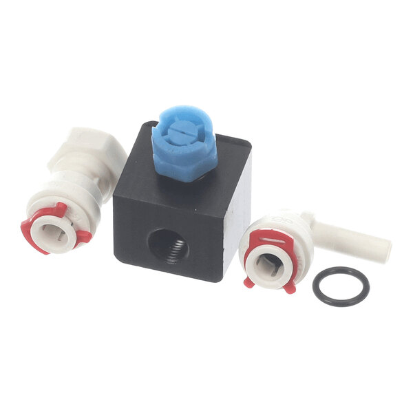 A kit containing a dispense rinse nozzle with various plastic fittings and an O-ring.