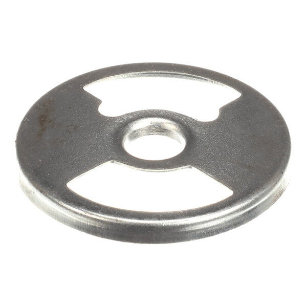 A round metal air mixer component with two cut-out sections and a central hole.