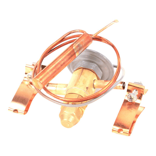 A brass thermal expansion valve with attached copper tubing and mounting brackets.