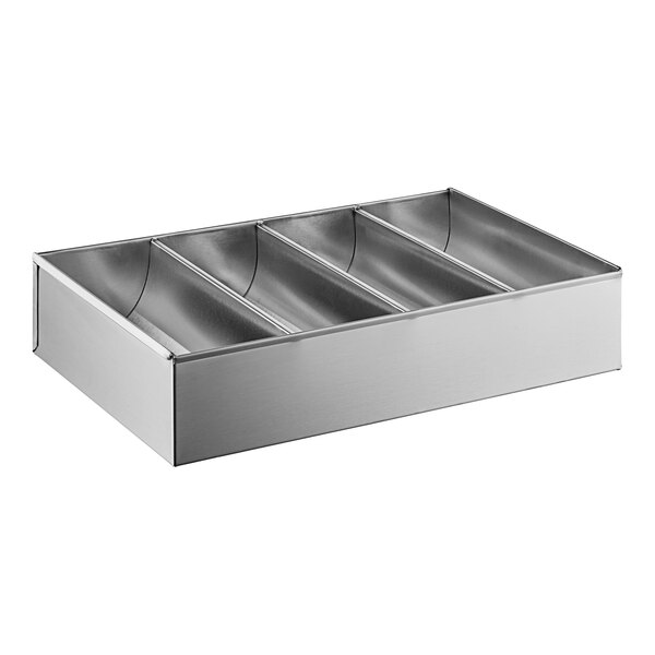 A stainless steel box with four compartments for cutlery.