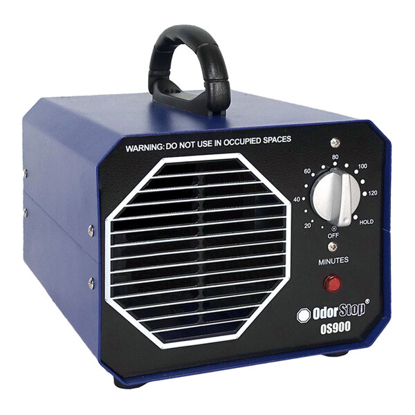 An OdorStop OS900 ozone generator air purifier with a blue casing, front control dial, and carrying handle.