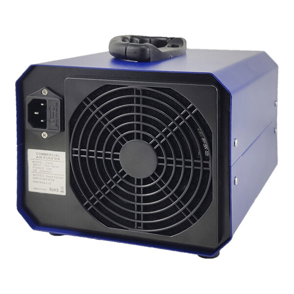 An OdorStop OS900 ozone generator air purifier with a blue metal casing, a large front fan, and a carrying handle on top.
