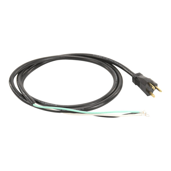 A black power cord with a standard plug on one end and three stripped wires on the other end.