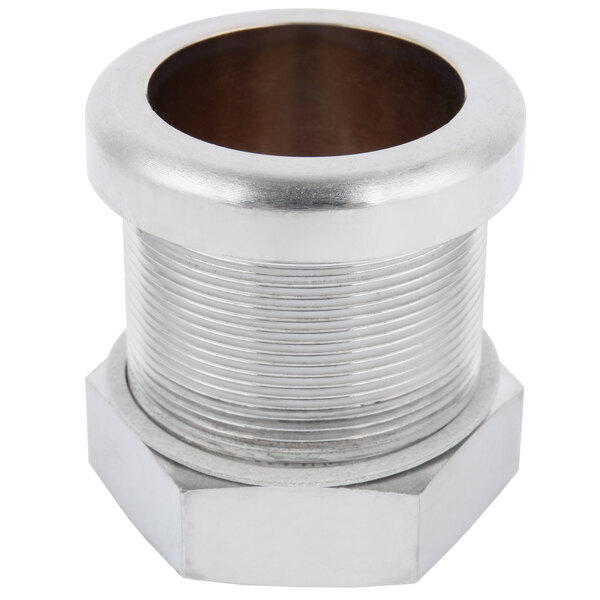 A silver metal T&amp;S deck flange with a hole in it.