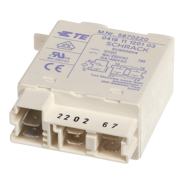A white Miele 5870220 relay with electrical specifications and connection terminals visible on its surface.