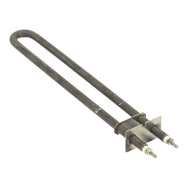 A metal heating element with a U-shaped design and two electrical connectors at the base.