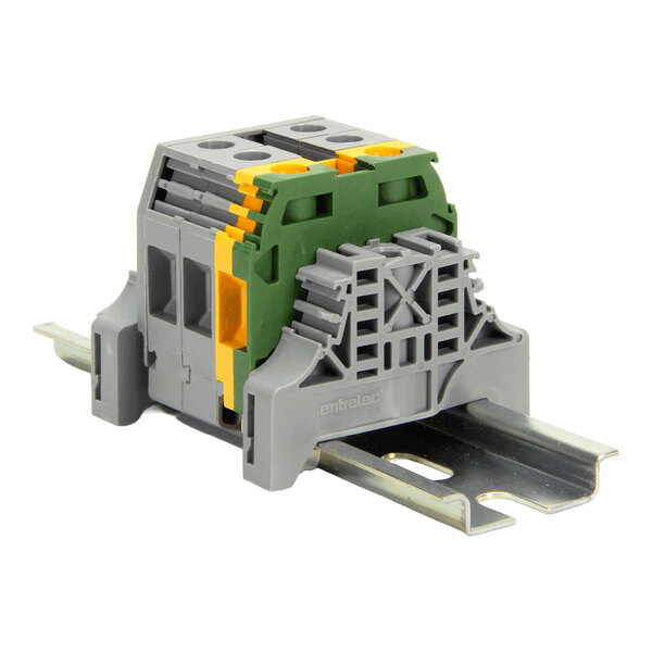 A gray and green power connection rail assembly for single-phase electrical applications.